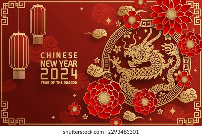 Happy chinese new year 2024 year of the chinese dragon zodiac with on color Background. ( Translation : happy new year, chinese dragon )