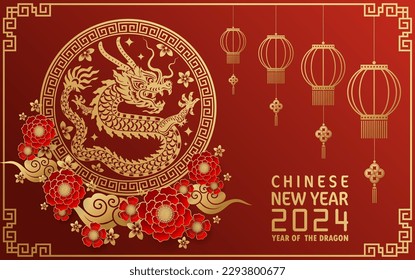 Happy chinese new year 2024 year of the chinese dragon zodiac with on color Background. ( Translation : happy new year, chinese dragon )