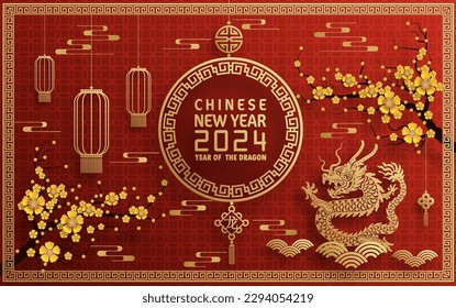 Happy chinese new year 2024 year of the chinese dragon zodiac with on color Background. ( Translation : happy new year, chinese dragon )