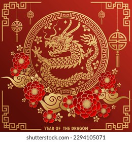 Happy chinese new year 2024 year of the chinese dragon zodiac with on color Background. ( Translation : happy new year, chinese dragon )