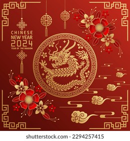 Happy chinese new year 2024 year of the chinese dragon zodiac with on color Background. ( Translation : happy new year, chinese dragon )