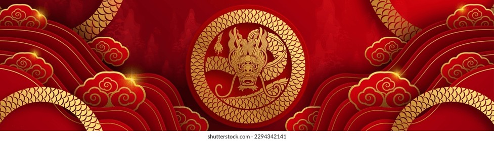 Happy chinese new year 2024 the dragon zodiac sign with flower,lantern,asian elements gold paper cut style on color background. ( Translation : happy new year 2024 year of the dragon )