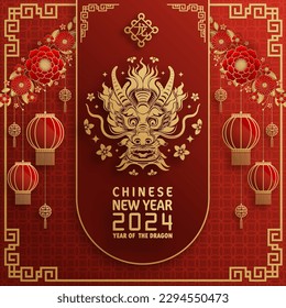 Happy chinese new year 2024 year of the chinese dragon zodiac with on color Background. ( Translation : happy new year, chinese dragon )
