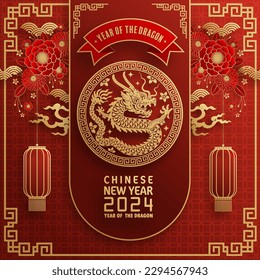 Happy chinese new year 2024 year of the chinese dragon zodiac with on color Background. ( Translation : happy new year, chinese dragon )
