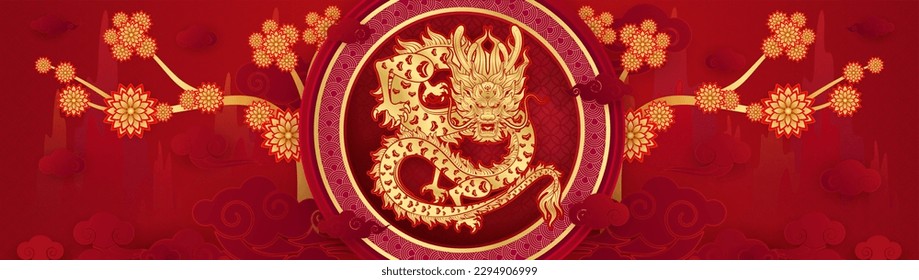 Happy Chinese New Year 2024. Dragon gold and flower cloud on red mountain background for festival banner design. China lunar calendar animal zodiac. Vector EPS10.