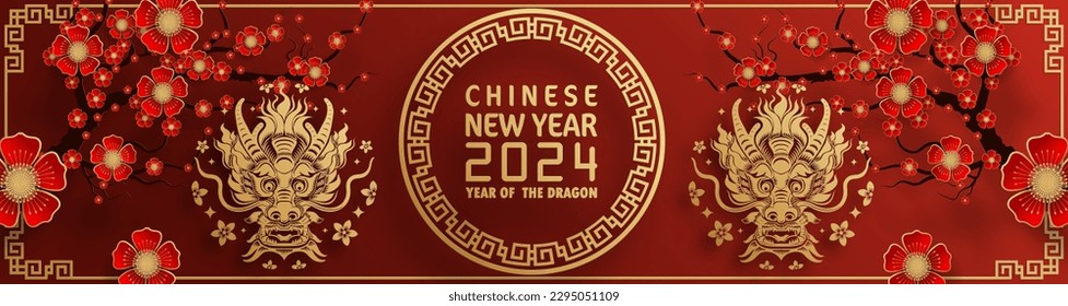 Happy chinese new year 2024 year of the chinese dragon zodiac with on color Background. ( Translation : happy new year, chinese dragon )