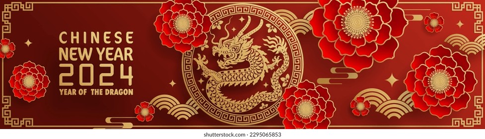 Happy chinese new year 2024 year of the chinese dragon zodiac with on color Background. ( Translation : happy new year, chinese dragon )