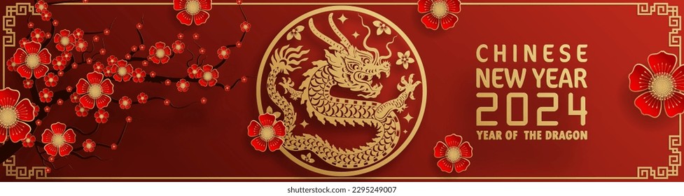 Happy chinese new year 2024 year of the chinese dragon zodiac with on color Background. ( Translation : happy new year, chinese dragon )