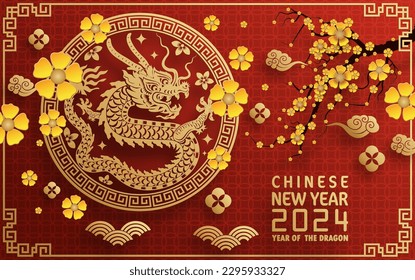 Happy chinese new year 2024 year of the chinese dragon zodiac with on color Background. ( Translation : happy new year, chinese dragon )
