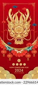 Happy Chinese New Year 2024. Chinese dragon gold zodiac sign on blua background for card or banner design. China lunar calendar animal. (Translation : happy new year 2024, dragon) Vector EPS10.