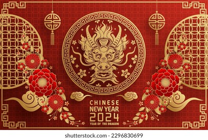 Happy chinese new year 2024 year of the chinese dragon zodiac with on color Background. ( Translation : happy new year, chinese dragon )
