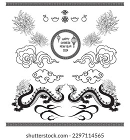 Happy Chinese new year 2024 year of the chinese dragon zodiac with flower asian elements gold.