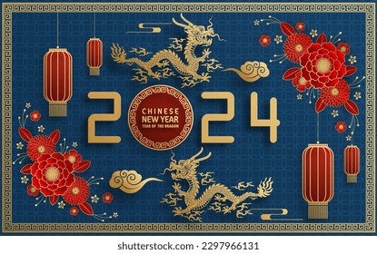 Happy chinese new year 2024 year of the chinese dragon zodiac with on color Background. ( Translation : happy new year, chinese dragon )