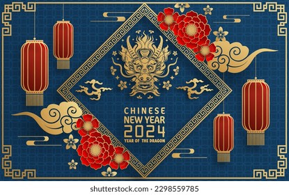 Happy chinese new year 2024 year of the chinese dragon zodiac with on color Background. ( Translation : happy new year, chinese dragon )