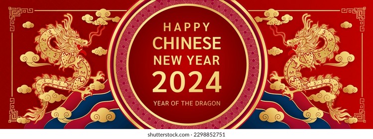 Happy Chinese New Year 2024. Chinese dragon gold zodiac sign on red background for banner or card design. China lunar calendar animal. Vector EPS10.