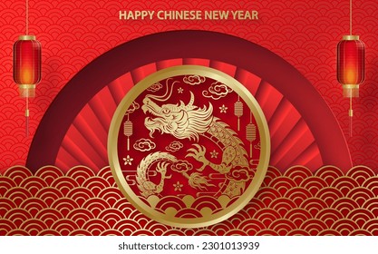 Happy Chinese new year 2024 Dragon Zodiac sign, with gold paper cut art and craft style on color background (Chinese Translation: happy new year 2024, year of Dragon)