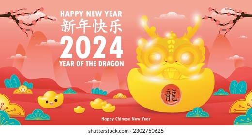 Feliz año nuevo chino 2024 con lindos lingotes dorados de dragón, gong xi fa cai, año del dragón zodiac, calendario de Capricornio, vector de fondo aislado de dibujos animados, Translate Happy Año Nuevo