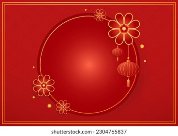 Happy Chinese new year 2024. Chinese new year banner with circle for show product. Greeting card. China frame with lantern on red background.