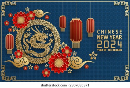 Happy chinese new year 2024 year of the chinese dragon zodiac with on color Background. ( Translation : happy new year, chinese dragon )