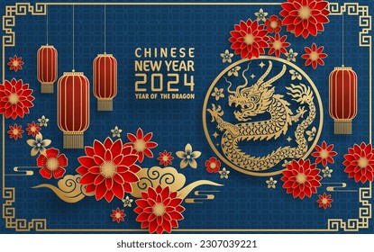 Happy chinese new year 2024 year of the chinese dragon zodiac with on color Background. ( Translation : happy new year, chinese dragon )