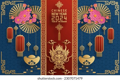 ; Happy chinese new year 2024 year of the chinese dragon zodiac with on color Background. ( Translation : happy new year, chinese dragon )