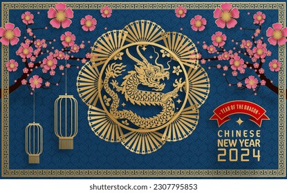 ; Happy chinese new year 2024 year of the chinese dragon zodiac with on color Background. ( Translation : happy new year, chinese dragon )