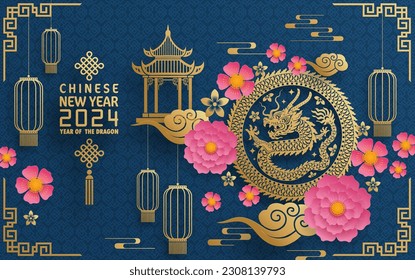 Happy chinese new year 2024 year of the chinese dragon zodiac with on color Background. ( Translation : happy new year, chinese dragon )