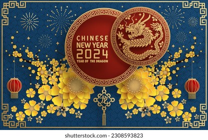 Happy chinese new year 2024 year of the chinese dragon zodiac with on color Background. ( Translation : happy new year, chinese dragon )