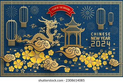 Happy chinese new year 2024 year of the chinese dragon zodiac with on color Background. ( Translation : happy new year, chinese dragon )