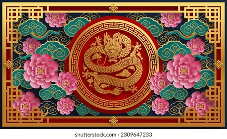 Happy chinese new year 2024 the dragon zodiac sign with flower,lantern,asian elements blue porcelain style on color background. ( Translation : happy new year 2024 year of the dragon )