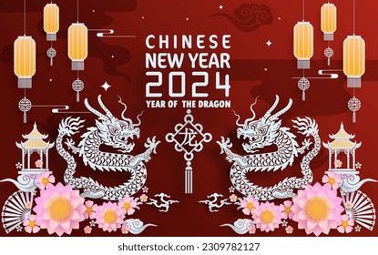 Happy chinese new year 2024 year of the chinese dragon zodiac with on color Background. ( Translation : happy new year, chinese dragon )
