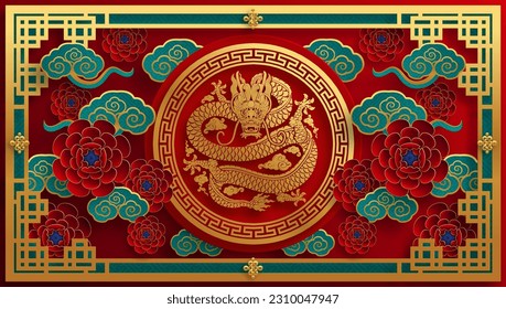 Happy chinese new year 2024 the dragon zodiac sign with flower,lantern,asian elements blue porcelain style on color background. ( Translation : happy new year 2024 year of the dragon )