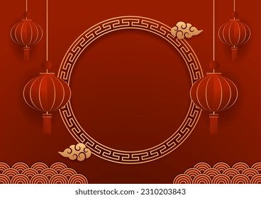 Happy Chinese new year 2024. Chinese new year banner with circle for show product. Greeting card. China frame with lantern on red background.