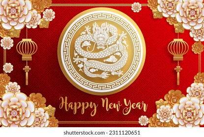 Happy chinese new year 2024 the dragon zodiac sign with flower,lantern,asian elements blue porcelain style on color background. ( Translation : happy new year 2024 year of the dragon )