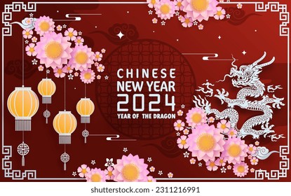 Happy chinese new year 2024 year of the chinese dragon zodiac with on color Background. ( Translation : happy new year, chinese dragon )
