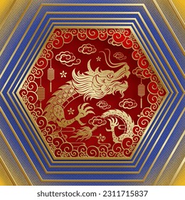 Happy Chinese new year 2024 Dragon Zodiac sign, with gold paper cut art and craft style on color background (Chinese Translation: happy new year 2024, year of Dragon)