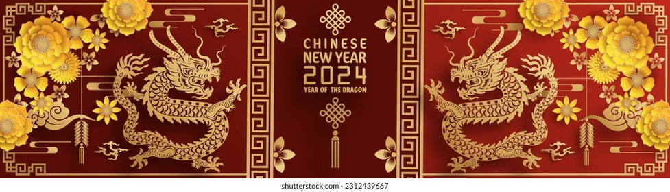 Happy chinese new year 2024 year of the chinese dragon zodiac with on color Background. ( Translation : happy new year, chinese dragon )