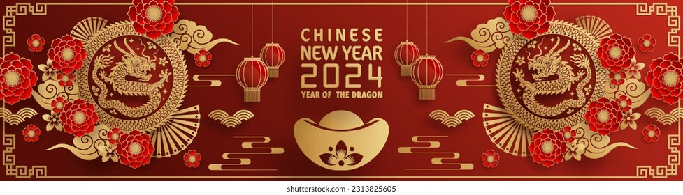Happy chinese new year 2024 year of the chinese dragon zodiac with on color Background. ( Translation : happy new year, chinese dragon )