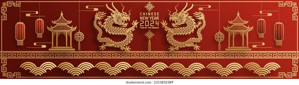 Happy chinese new year 2024 year of the chinese dragon zodiac with on color Background. ( Translation : happy new year, chinese dragon )