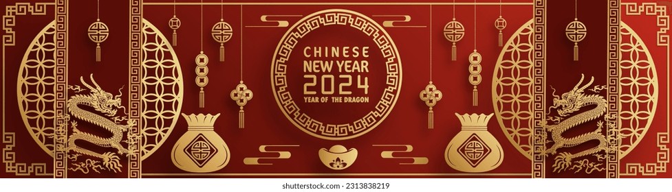 Happy chinese new year 2024 year of the chinese dragon zodiac with on color Background. ( Translation : happy new year, chinese dragon )