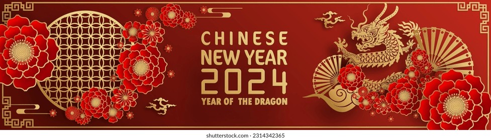 Happy chinese new year 2024 year of the chinese dragon zodiac with on color Background. ( Translation : happy new year, chinese dragon )