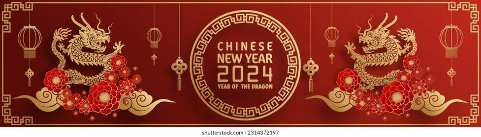 Happy chinese new year 2024 year of the chinese dragon zodiac with on color Background. ( Translation : happy new year, chinese dragon )