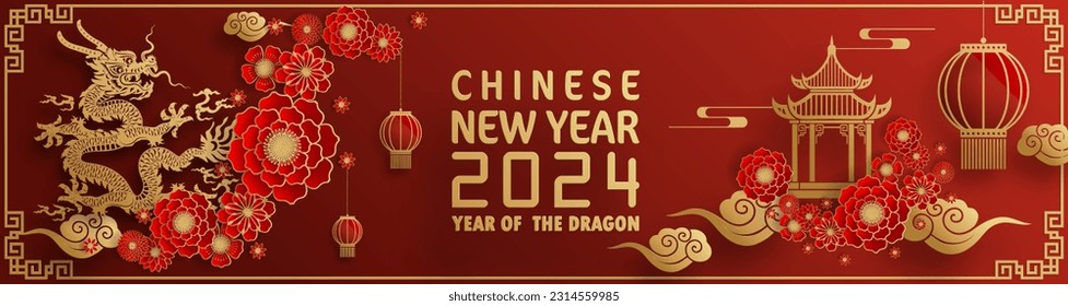 Happy chinese new year 2024 year of the chinese dragon zodiac with on color Background. ( Translation : happy new year, chinese dragon )