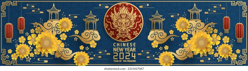Happy chinese new year 2024 year of the chinese dragon zodiac with on color Background. ( Translation : happy new year, chinese dragon )