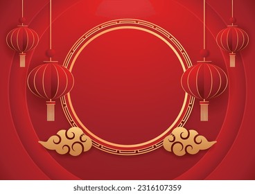 Happy Chinese new year 2024. Chinese new year banner with circle for show product. Greeting card. China frame with lantern on red background.