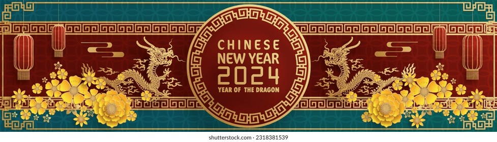 Happy chinese new year 2024 year of the chinese dragon zodiac with on color Background. ( Translation : happy new year, chinese dragon )