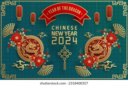 Happy chinese new year 2024 year of the chinese dragon zodiac with on color Background. ( Translation : happy new year, chinese dragon )