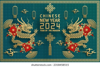 Happy chinese new year 2024 year of the chinese dragon zodiac with on color Background. ( Translation : happy new year, chinese dragon )