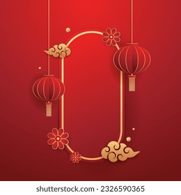 Happy Chinese new year 2024. Chinese new year banner with circle for show product. Greeting card. China frame with lantern on red background.