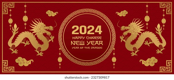 Happy Chinese new year 2024. Year of the dragon. New year horizontal backgaund with dragon.Vector.